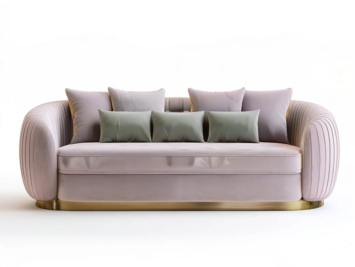 94.5 x 37.4 x 31.5 in Curved Blush Pink Velvet 3-Seat Sofa with Sage Green Pillows and Gold Base
