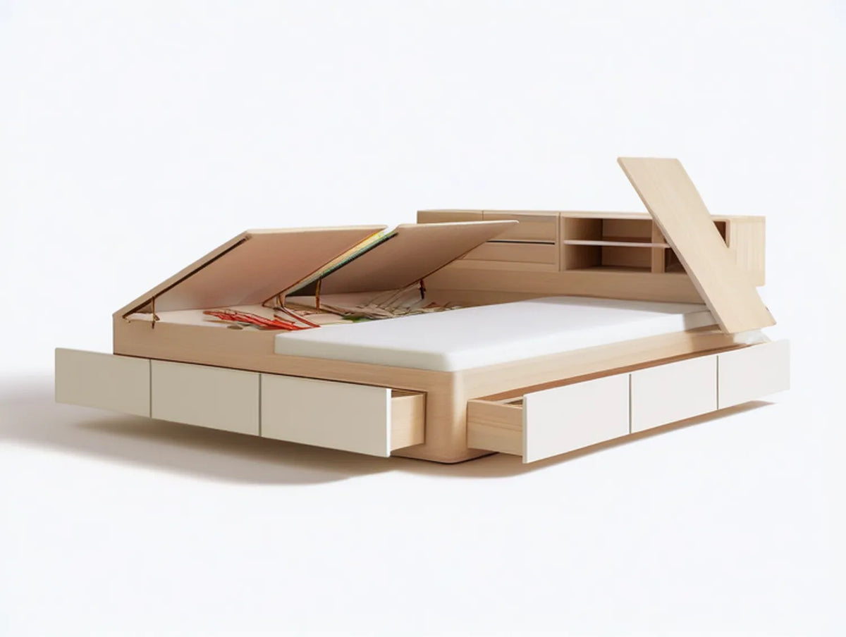 Queen Storage Bed Frame with Gas-Lift Platform, 5 Drawers and Headboard Storage, White/Natural Oak, 85 x 64 x 40 in