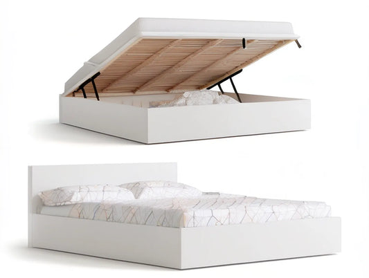 White Queen Lift-Up Storage Bed Frame with Headboard, 64 x 85 x 40 in