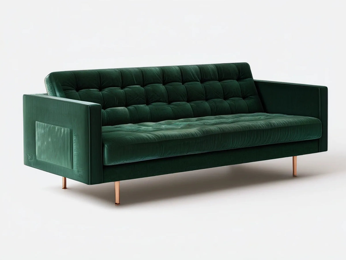 Dark Green Velvet 3-Seat Tufted Sofa with Copper Steel Legs, 86 x 35 x 33 in