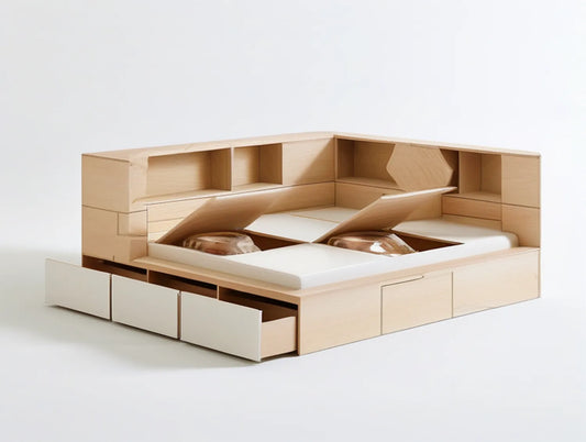 King Solid Rubberwood Storage Bed with Bookcase Headboard, Lift-Up Compartments and 5 Drawers, Natural, 80 x 76 x 44 in