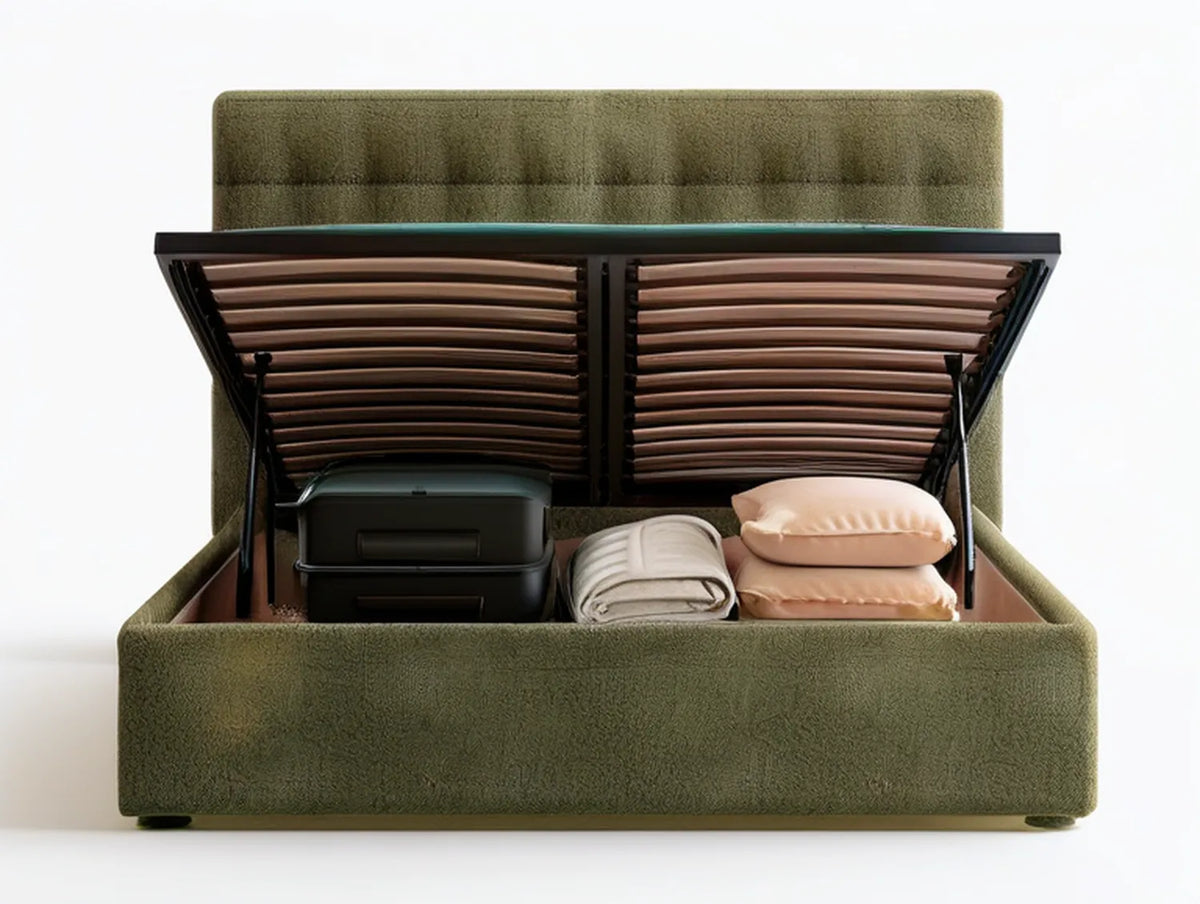 Queen Gas-Lift Storage Bed, Olive Green Boucle Upholstery, 63 x 83 x 43 in
