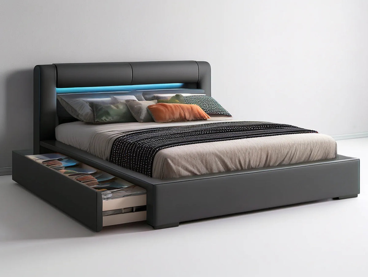 Dark Gray Queen Storage Bed Frame with LED Upholstered Headboard and Side Drawer, 85 x 64 x 45 in
