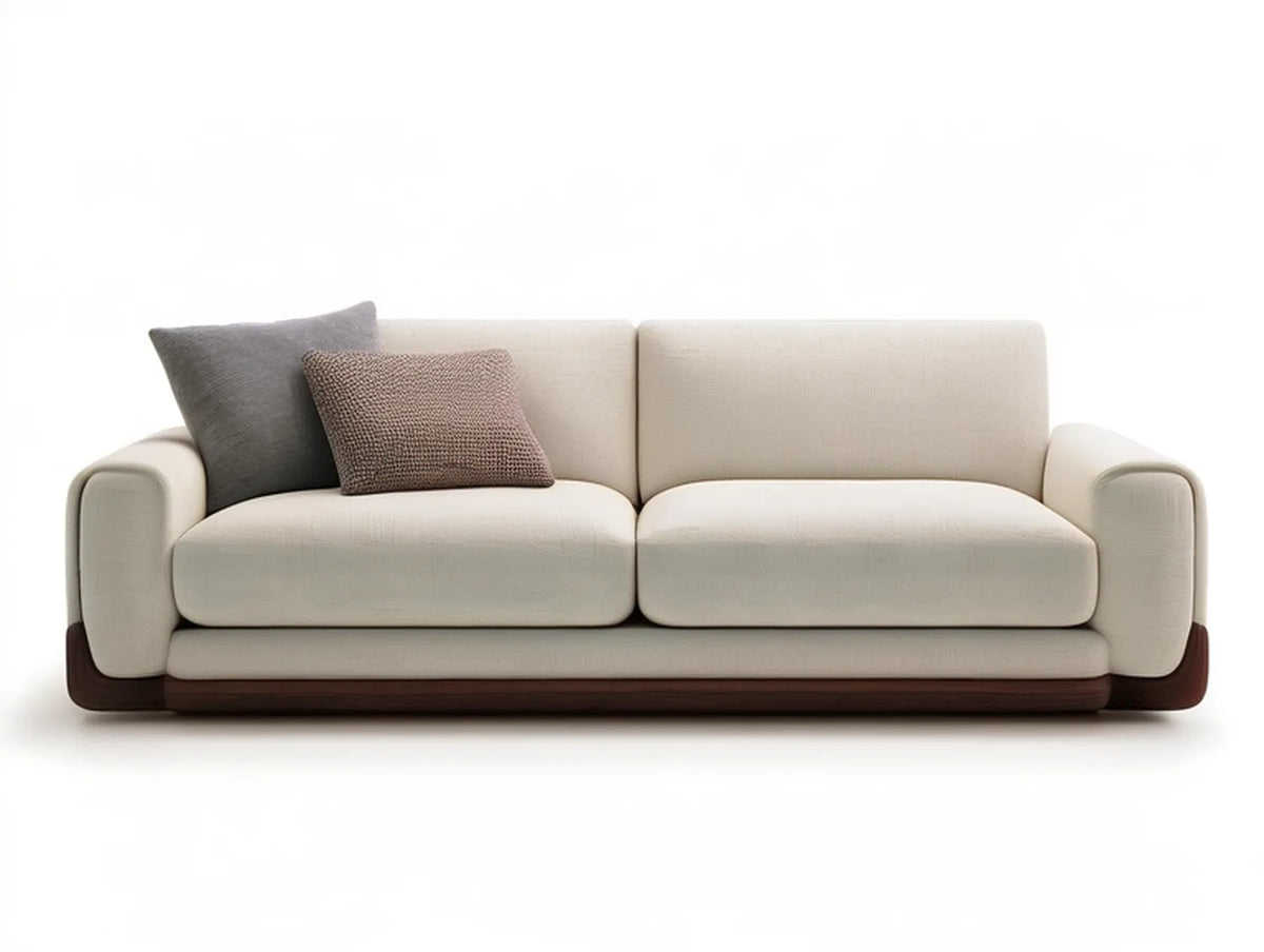 3-Seat Cream Polyester Upholstered Sofa with Dark Brown Base, 86.6 x 37.4 x 32.3 in