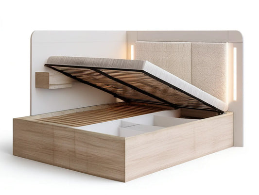 Queen Lift-Up Storage Bed Frame with LED Upholstered Headboard, Light Oak/Beige/Black, 85 x 64 x 50 in