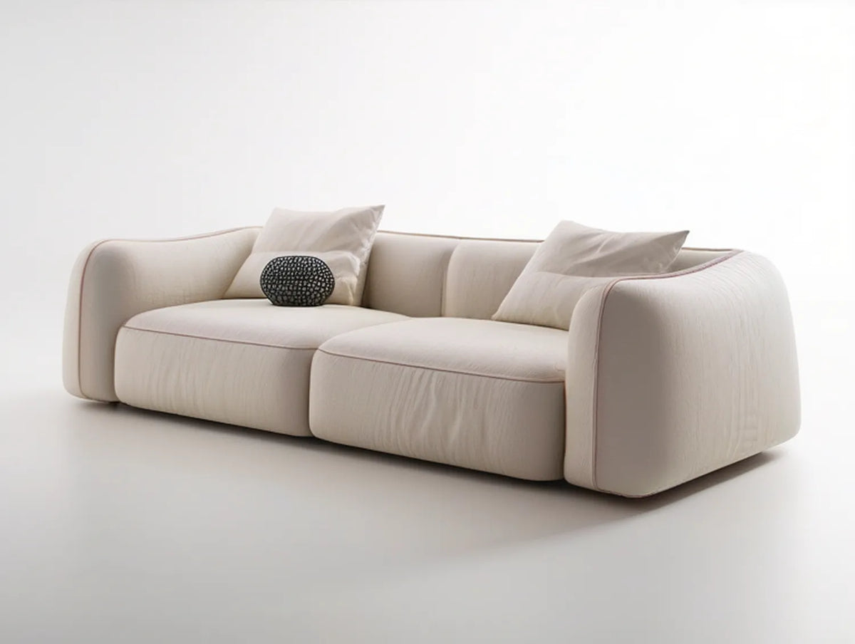 3-Seat Curved Polyester Upholstered Sofa, 87 x 39 x 31 in, Cream with Light Brown Piping